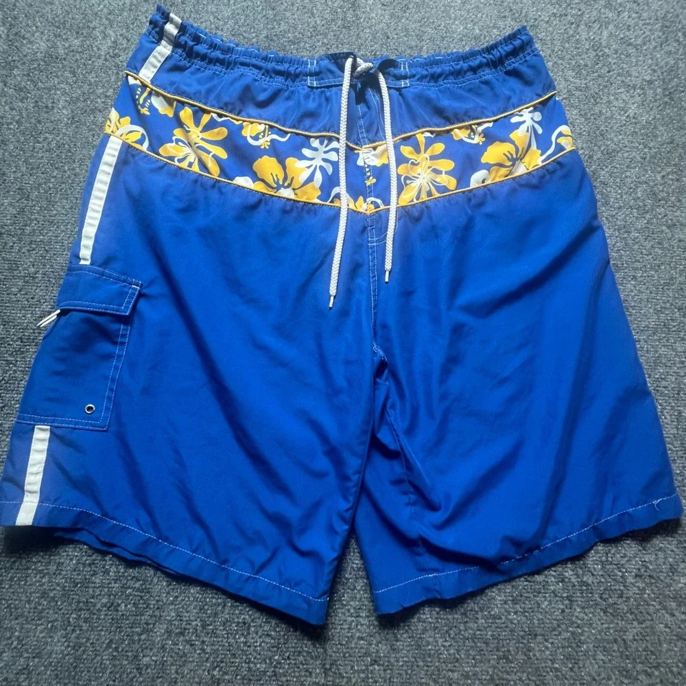 Burnside Mens Blue Floral Board Shorts Swim Trunks Size Large Cargo Pocket Snag